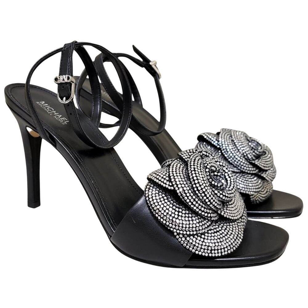 Michael Michael Kors Elodie Ankle Strap Sandal Size US 9.5M Black/Rhinestone